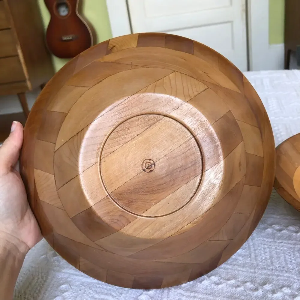 Vintage Segmented Wood Salad Bowls  Set of 2 (10